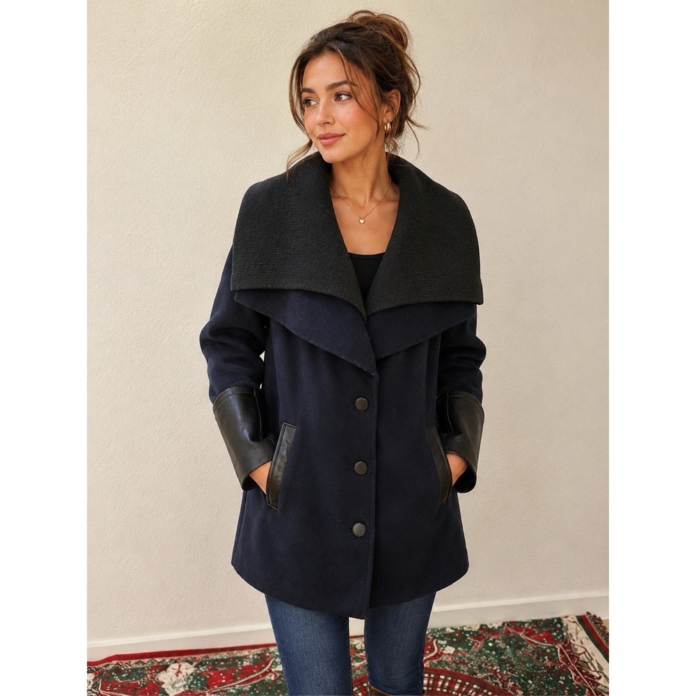 Mackage Womens Navy Wool Coat Large Leather Trim Oversized Designer Jacket